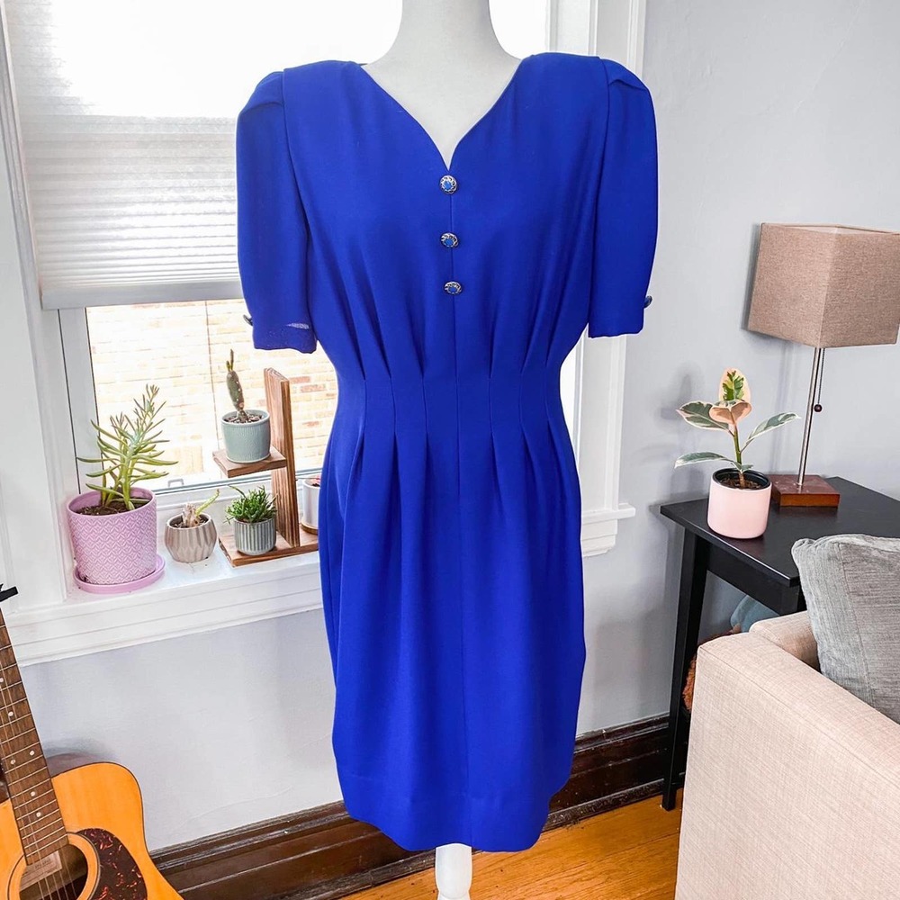 80s Cobalt Blue Bichon by Sara Edwards Secretary Dress
